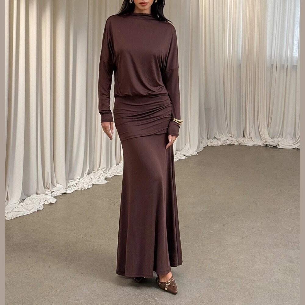 Chocolate Brown Ruched Stand Collar Batwing Sleeve Mermaid Maxi Dress